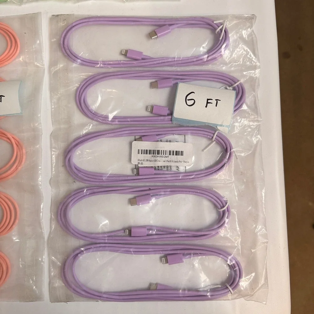 Lot of 15 USB C to Lightning Fast Charging Cables 20W 10x 6ft,‎ 5x 10ft Green, P